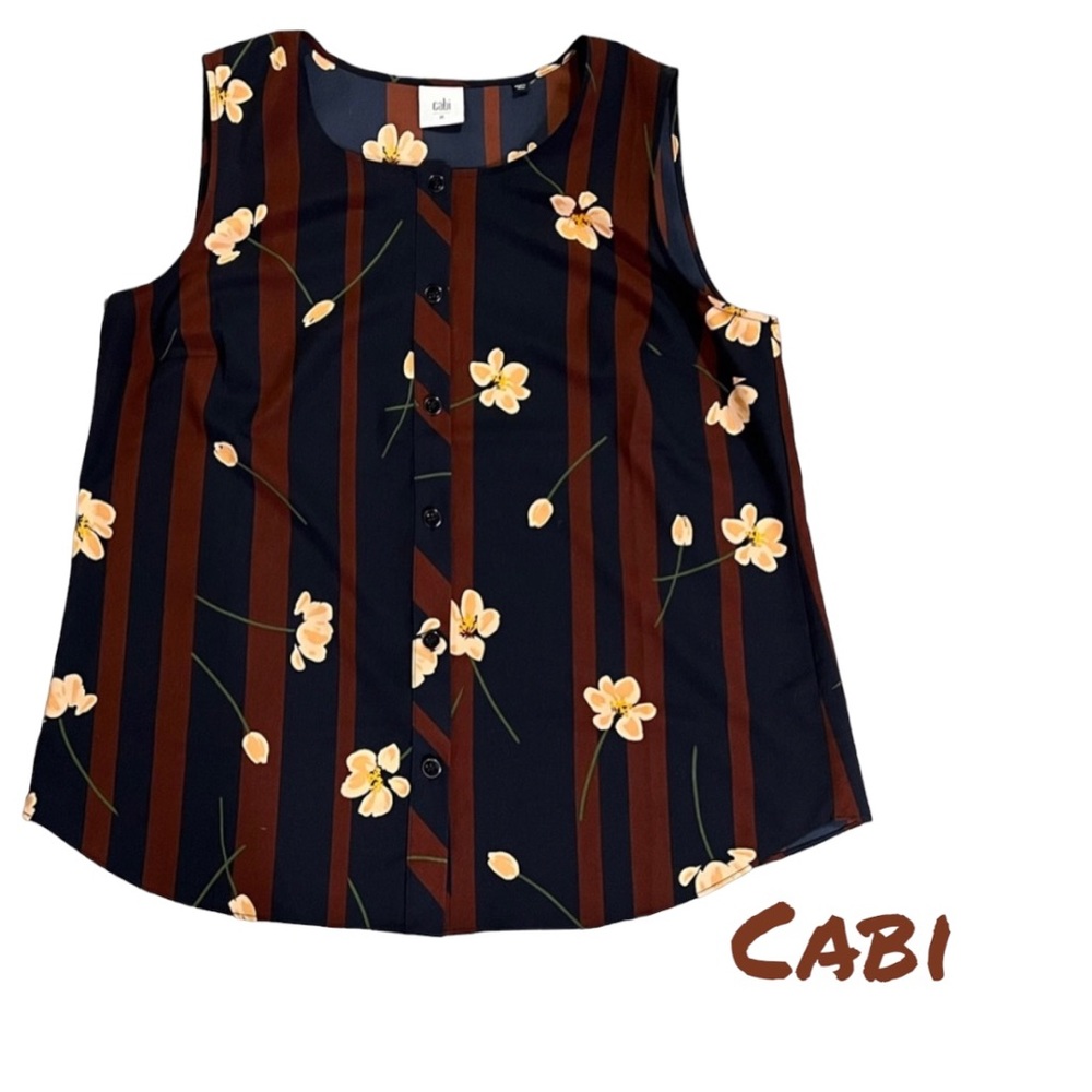 Cabi Button Up Navy & Maroon Floral Tank Top. Size MED